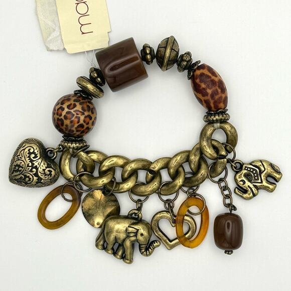 Elephant Heart Animal Print Charm Bracelet Stretch Bronze Tone - Picture 1 of 4
